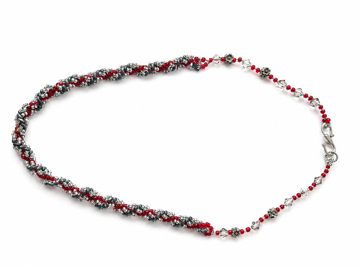 Beaded silver grey and deep red hand beaded necklace