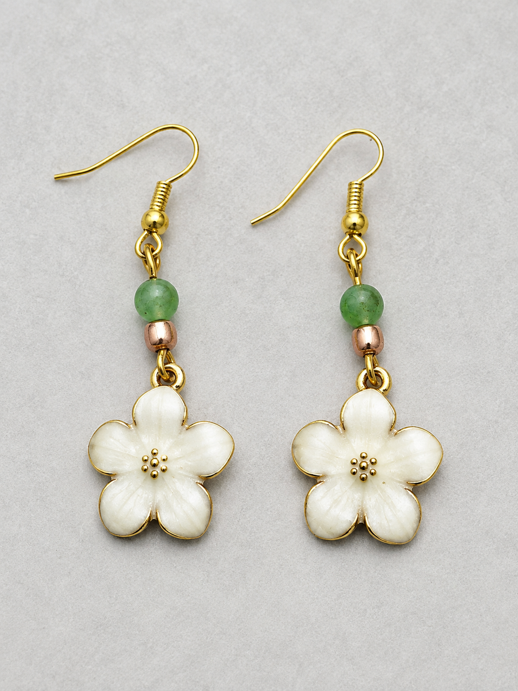 Daisy drop enamel earrings with gold tone spacers and green glass beads