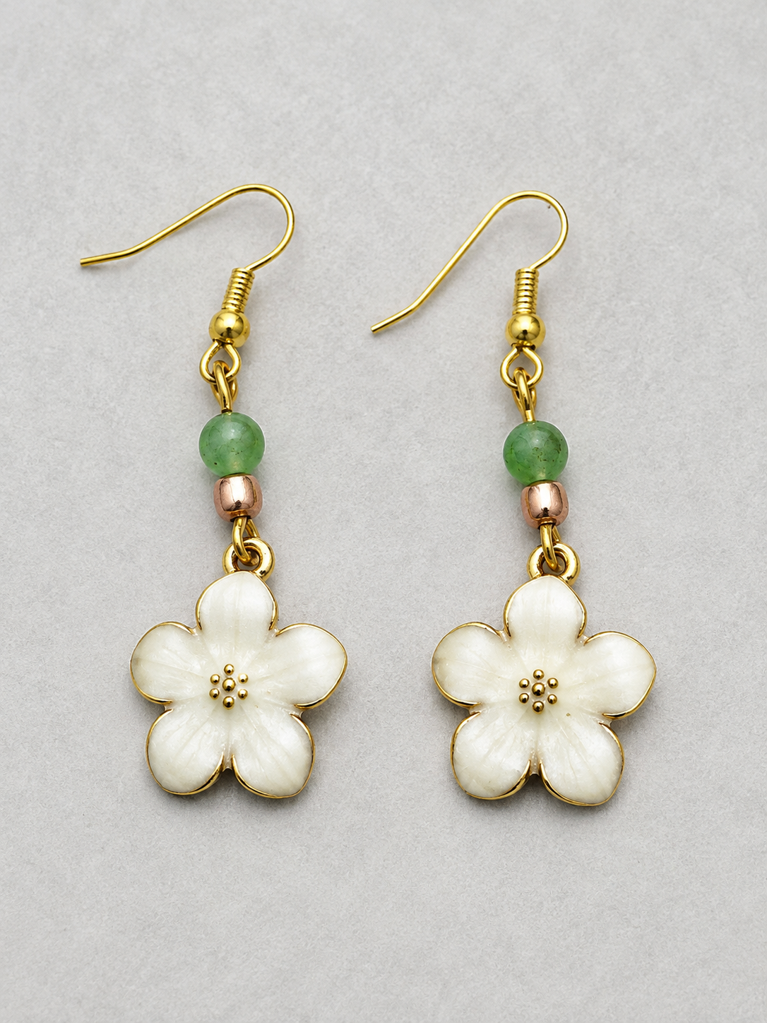 Daisy drop enamel earrings with gold tone spacers and green glass beads