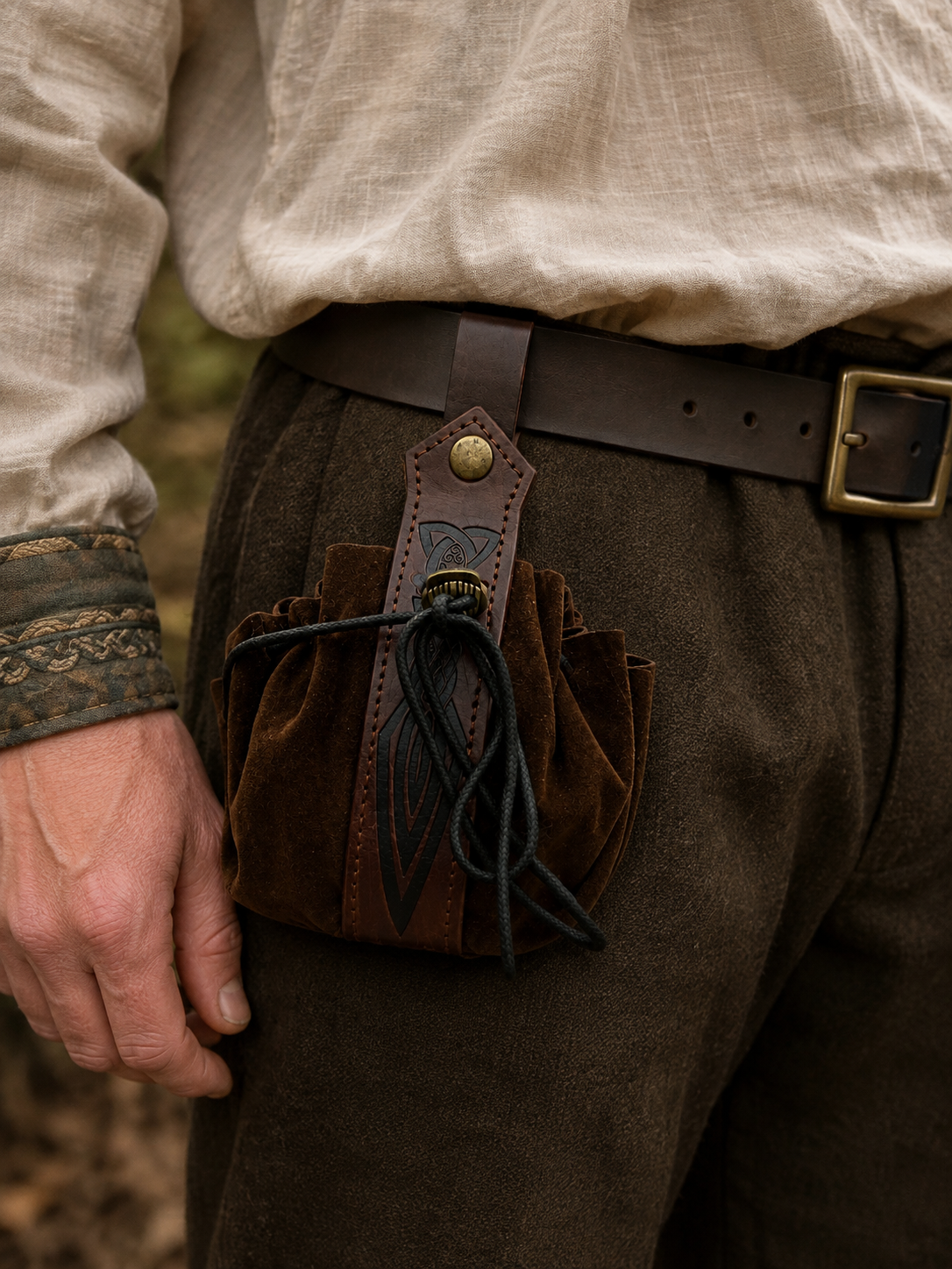 Medieval Celtic belt pouch – brown suede style drawstring purse