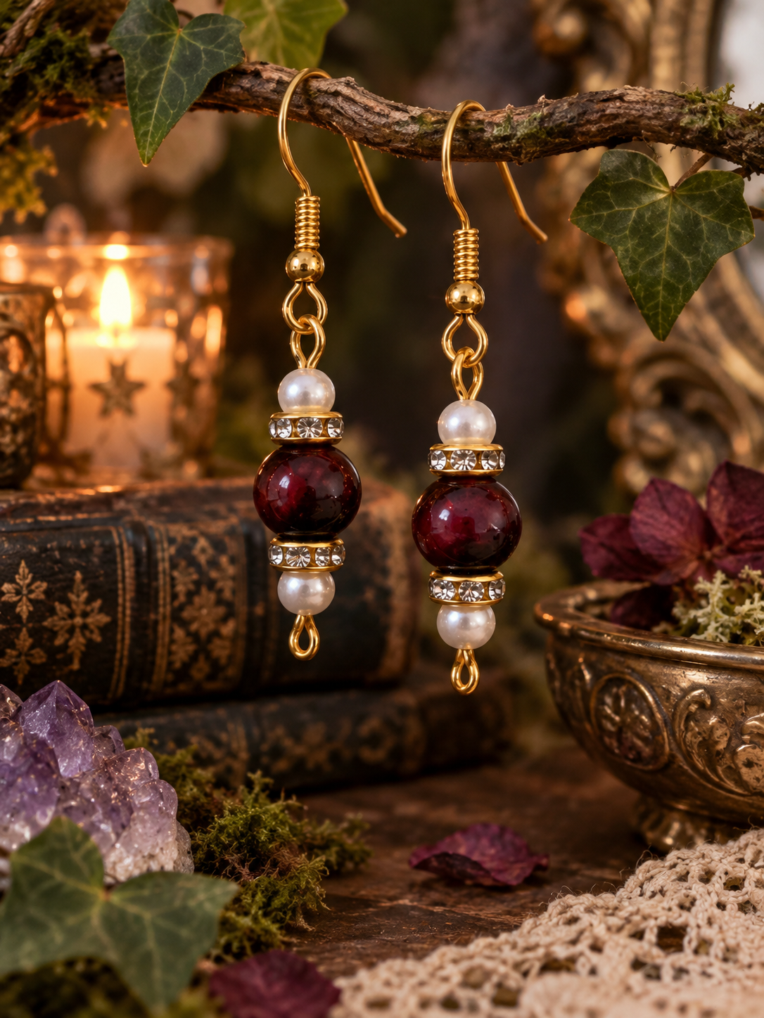 Red tigers eye drop earrings, gold tone
