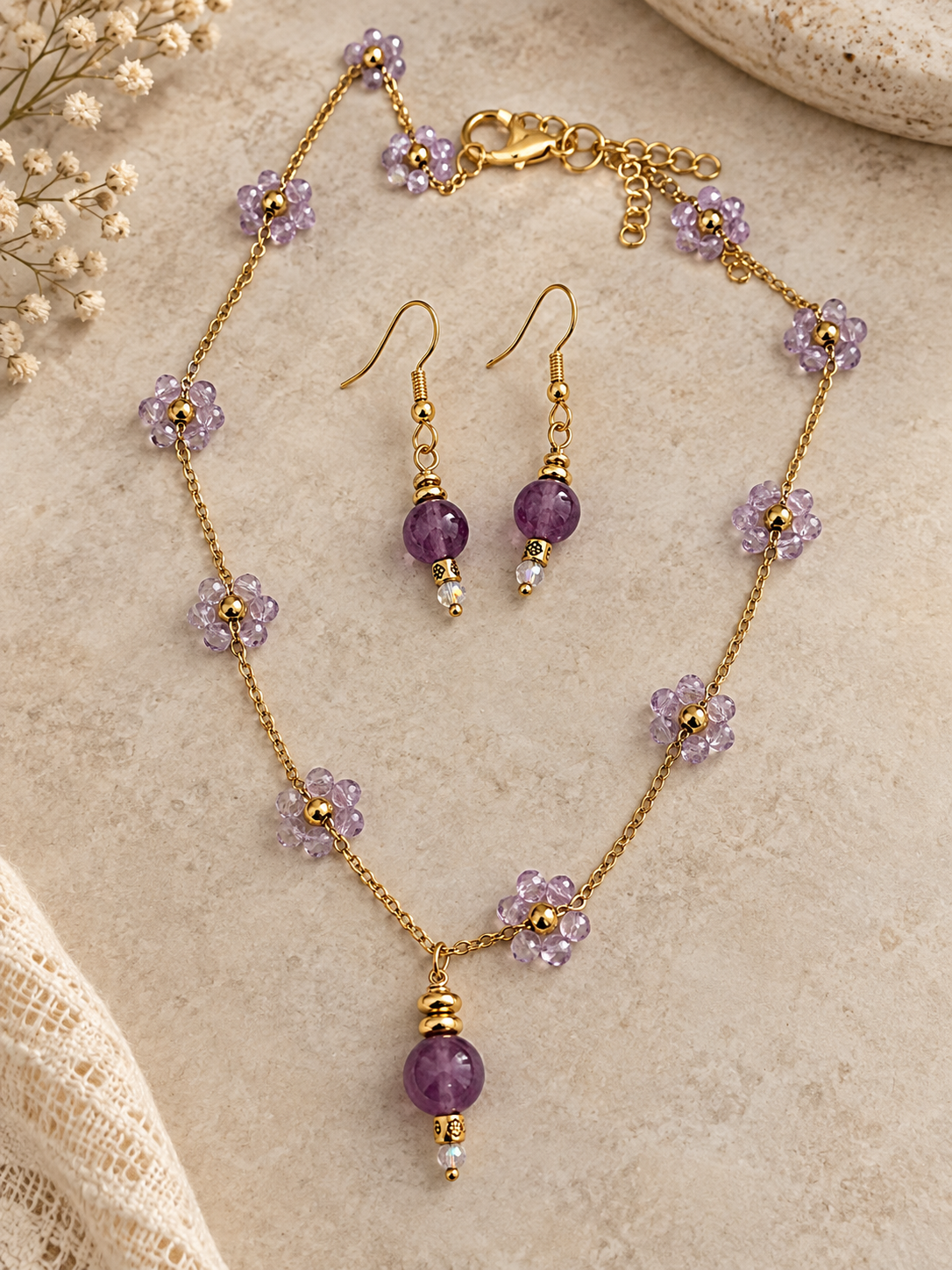 Amethyst purple necklace and earrings set