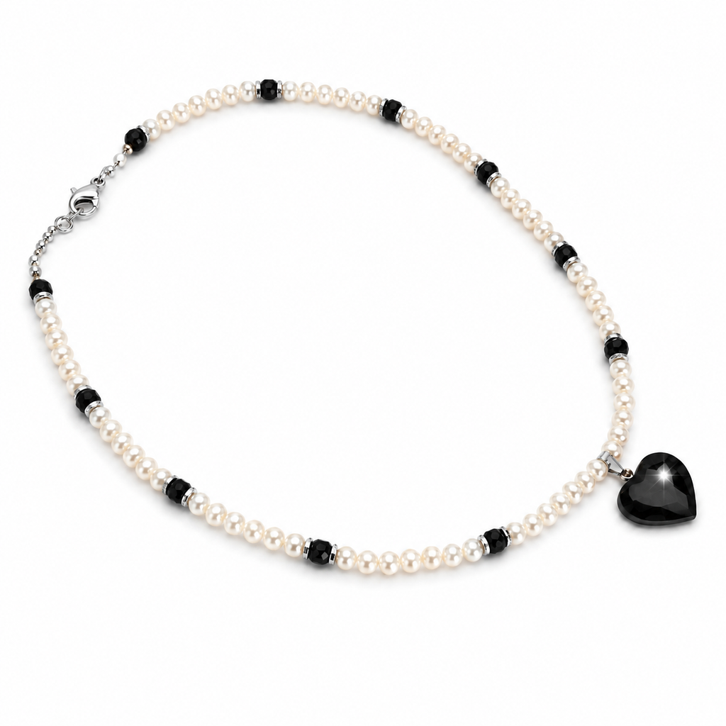 Heart necklace, black agate, crystal wheels, faux white pearls
