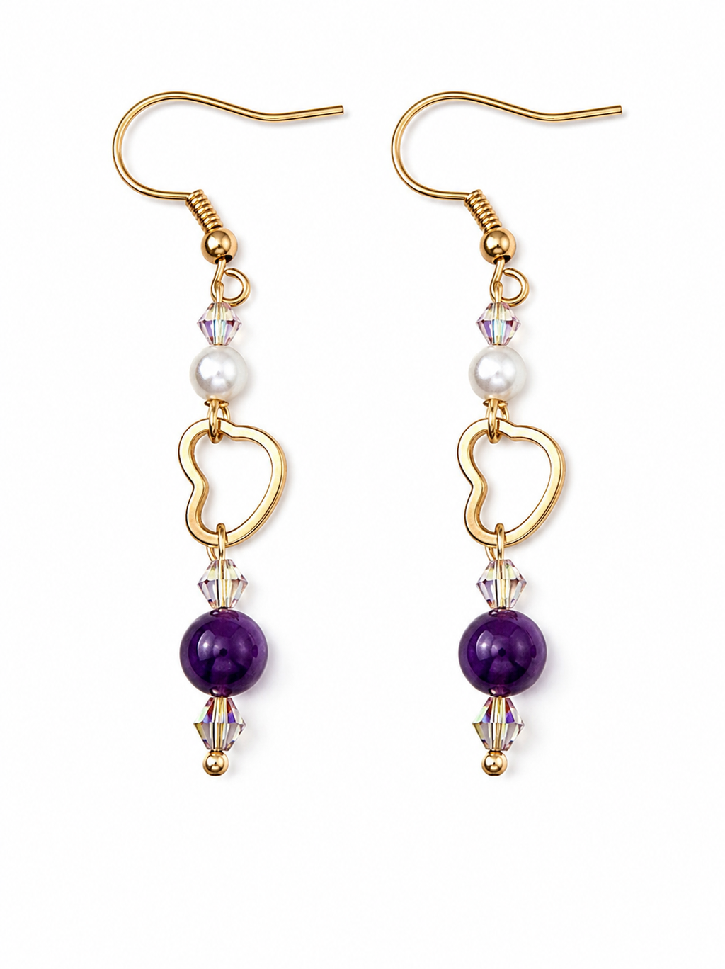 Amethyst and heart chain drop earrings. Gold tone