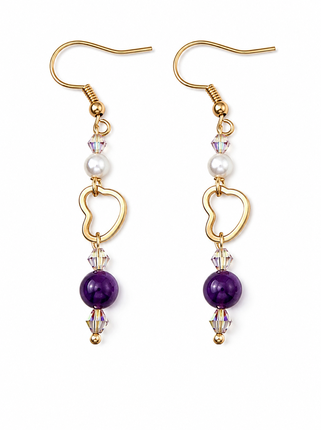Amethyst and heart chain drop earrings. Gold tone