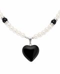 Heart necklace, black agate, crystal wheels, faux white pearls