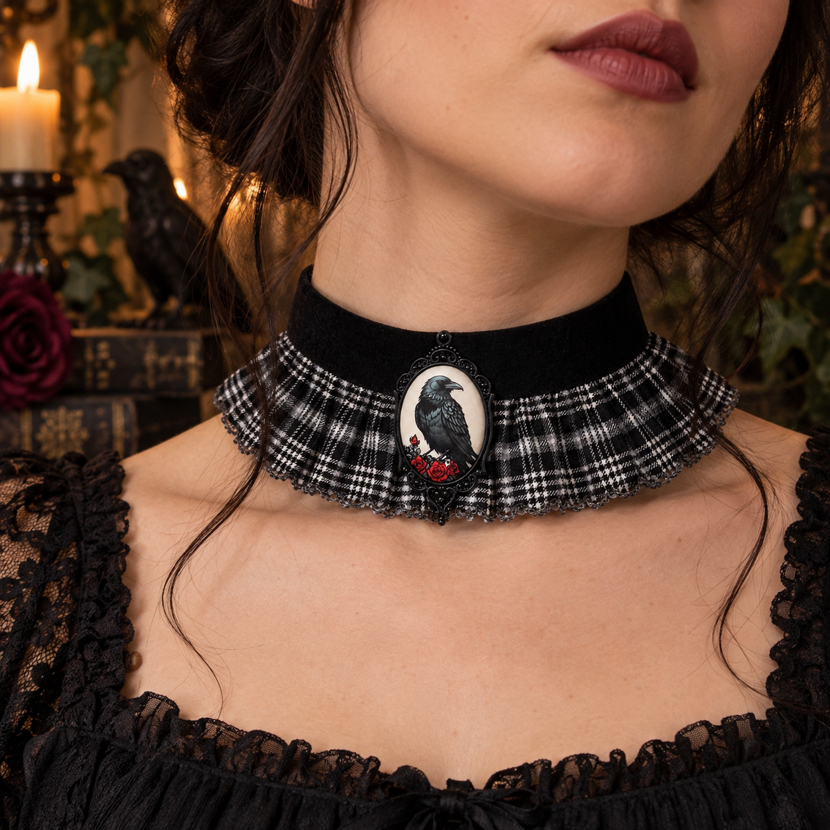 Black velvet and tartan choker with crow and Rose pendant