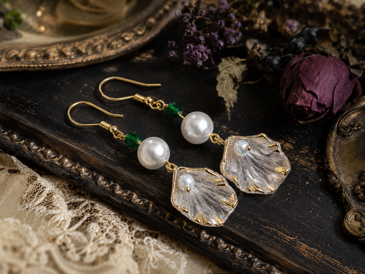 Shell drop earrings with faux pearl and green glass bead