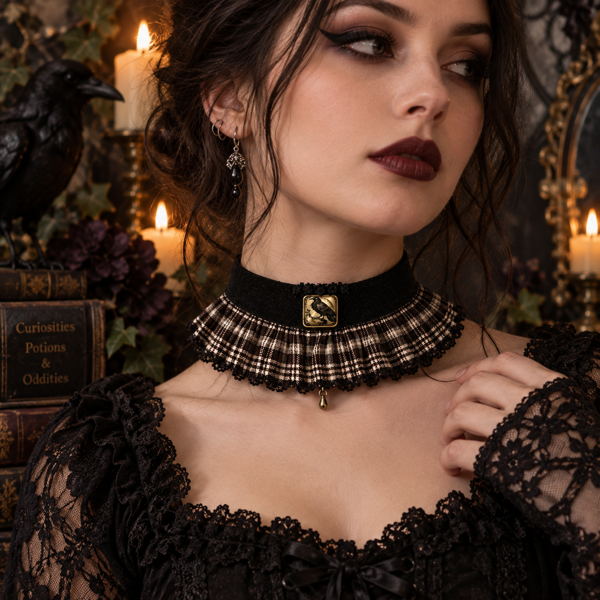 Black velvet choker with tarton and crow pendant
