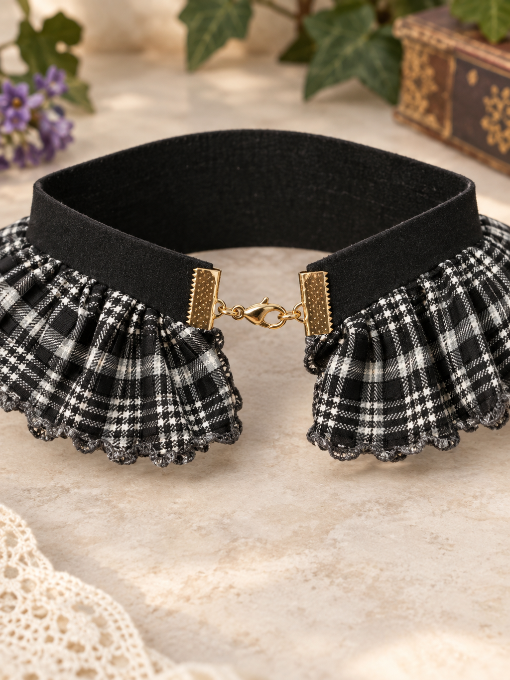 Black velvet and tartan choker with crow and Rose pendant