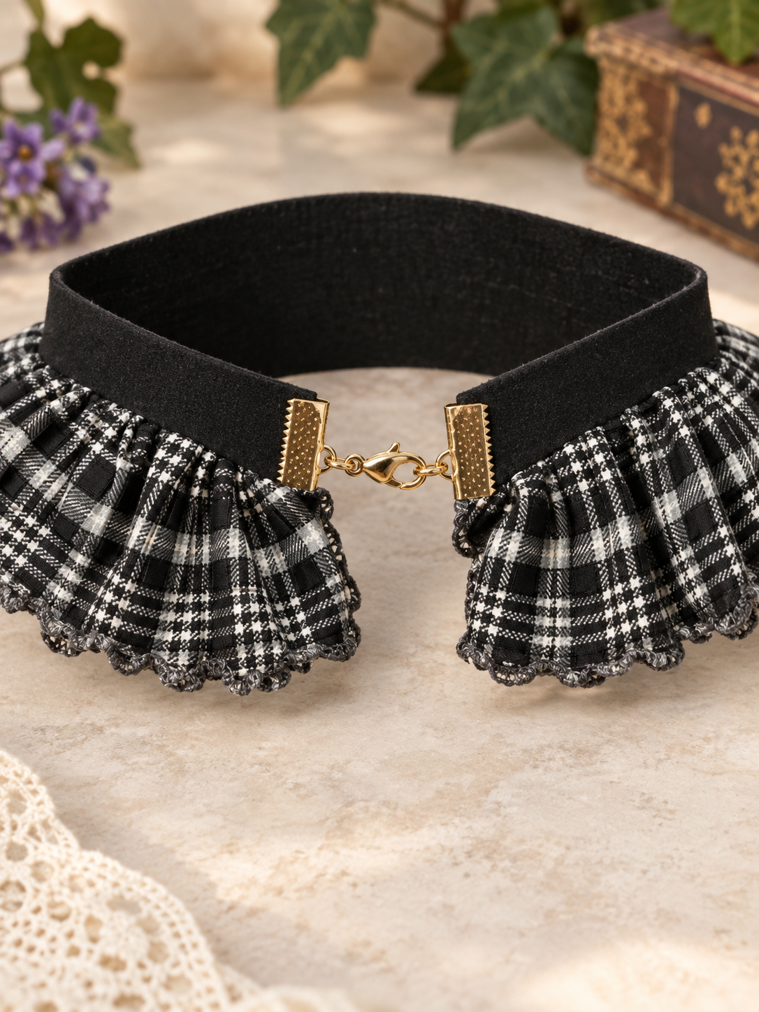 Black velvet and tartan choker with crow and Rose pendant