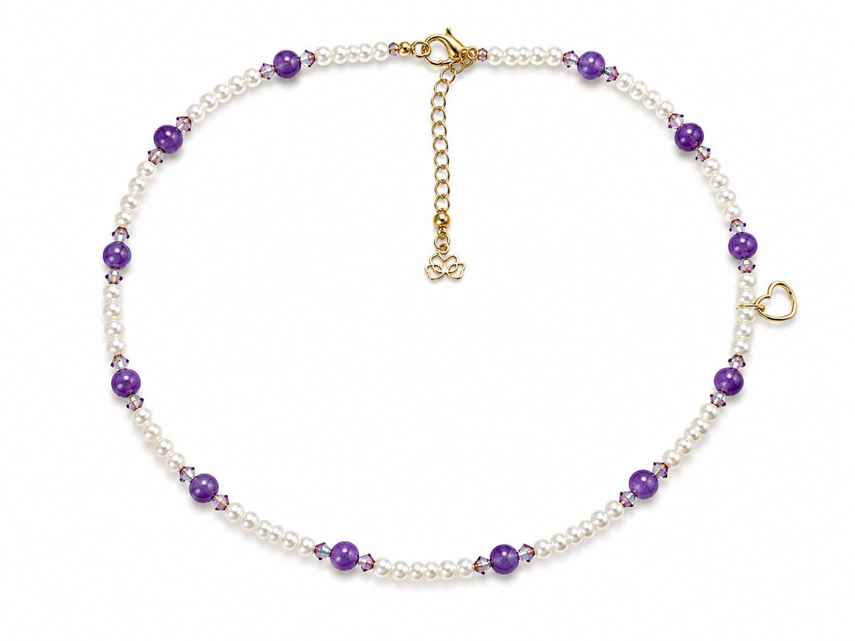 Amethyst, pink crystals, faux pearls 46cm +extender (Copy)