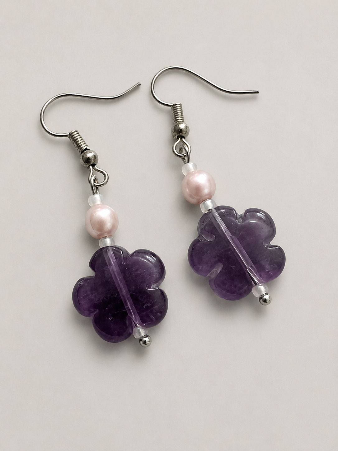 Amethyst flower earrings with a dainty white faux pearl