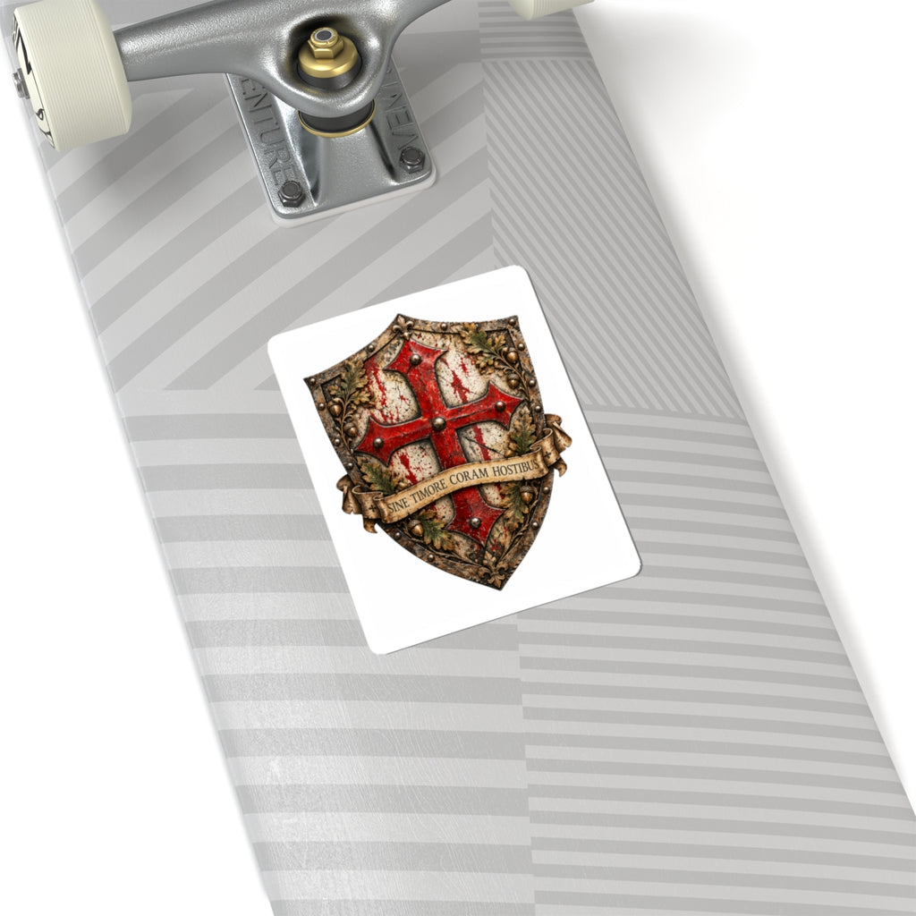 Medieval Shield Crest Sticker — 'Sine Timore Coram Hostibus' Kiss-Cut