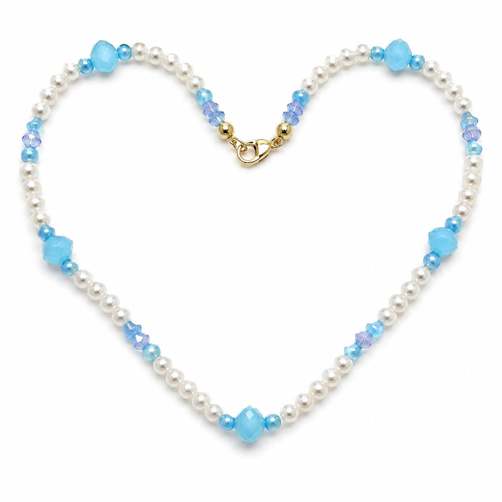 Sky Blue faceted focal beads with blue and white faux pearls and crystals 46cm