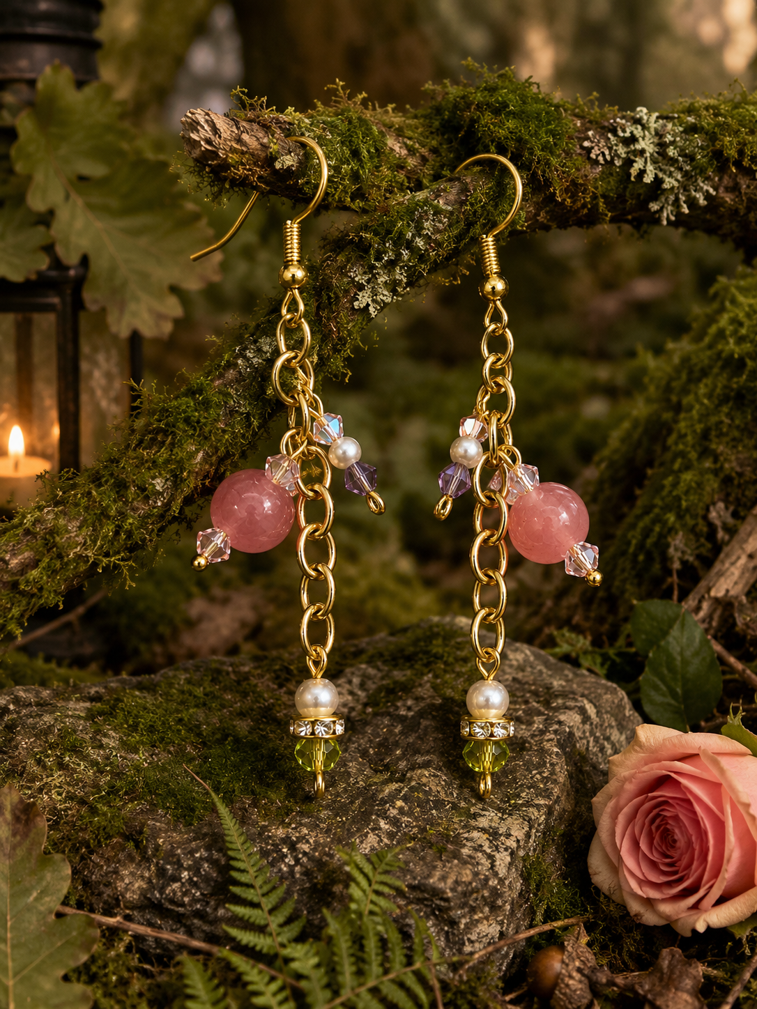 Peach agate drop earrings , gold tone chain with faux pearl charm