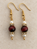 Red tigers eye drop earrings, gold tone