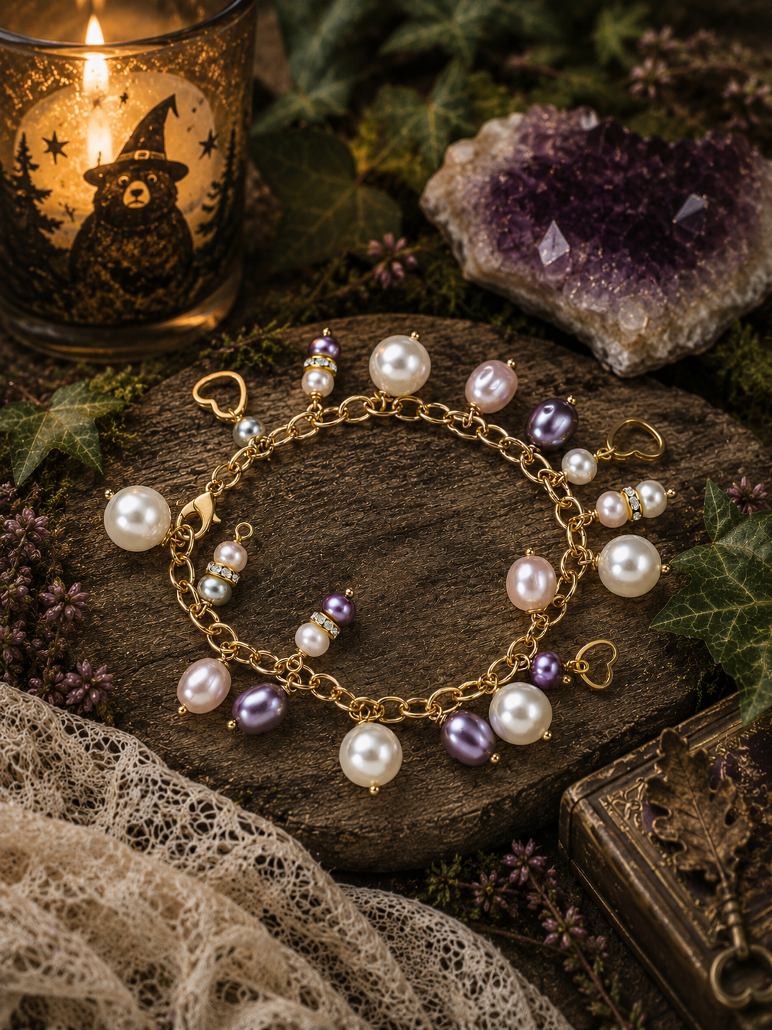 Mixed pearl style charm bracelet, white, lilac gold tone hearts