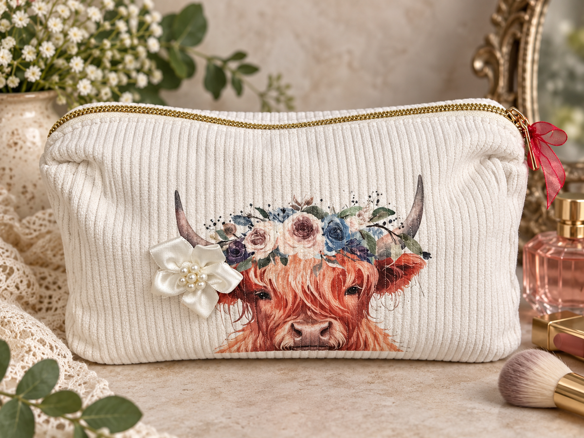 Highland cow floral cosmetic bag fully lined make-up pouch