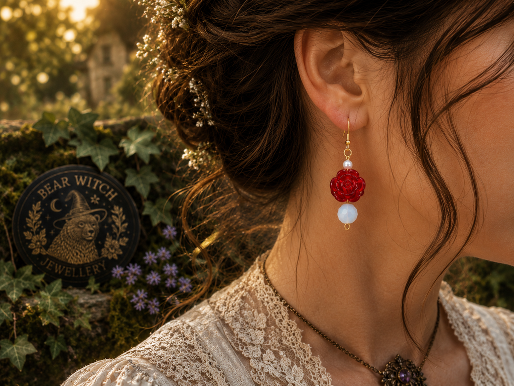 Red rose and pearl acrylic earrings