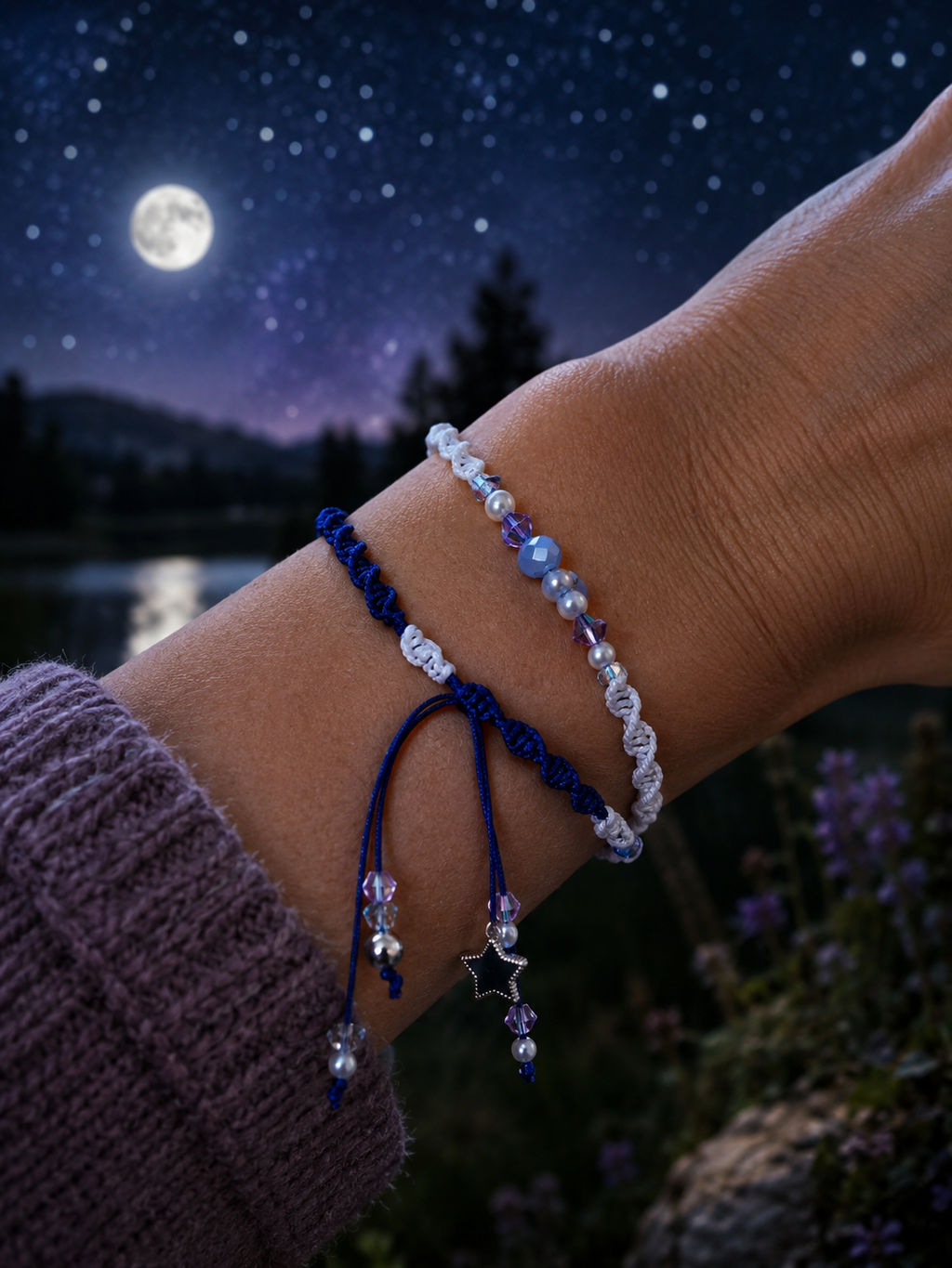Two tone blue / white macrame bracelet with purple crystals and white pearl
