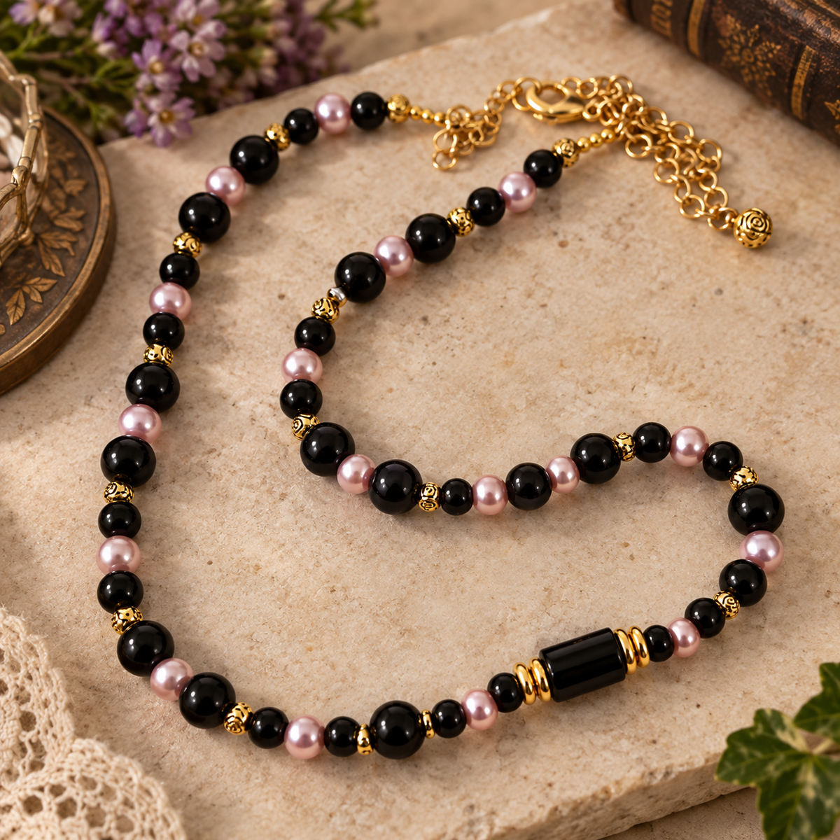 Black and white jewellery set necklace and earrings faux jet