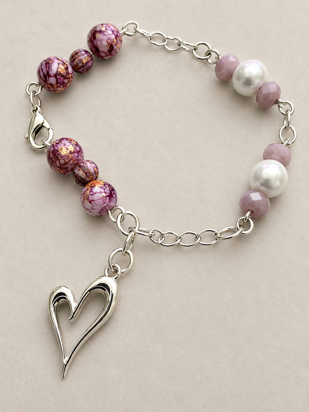Delicate heart bracelet, white and pink beads and faux pearls