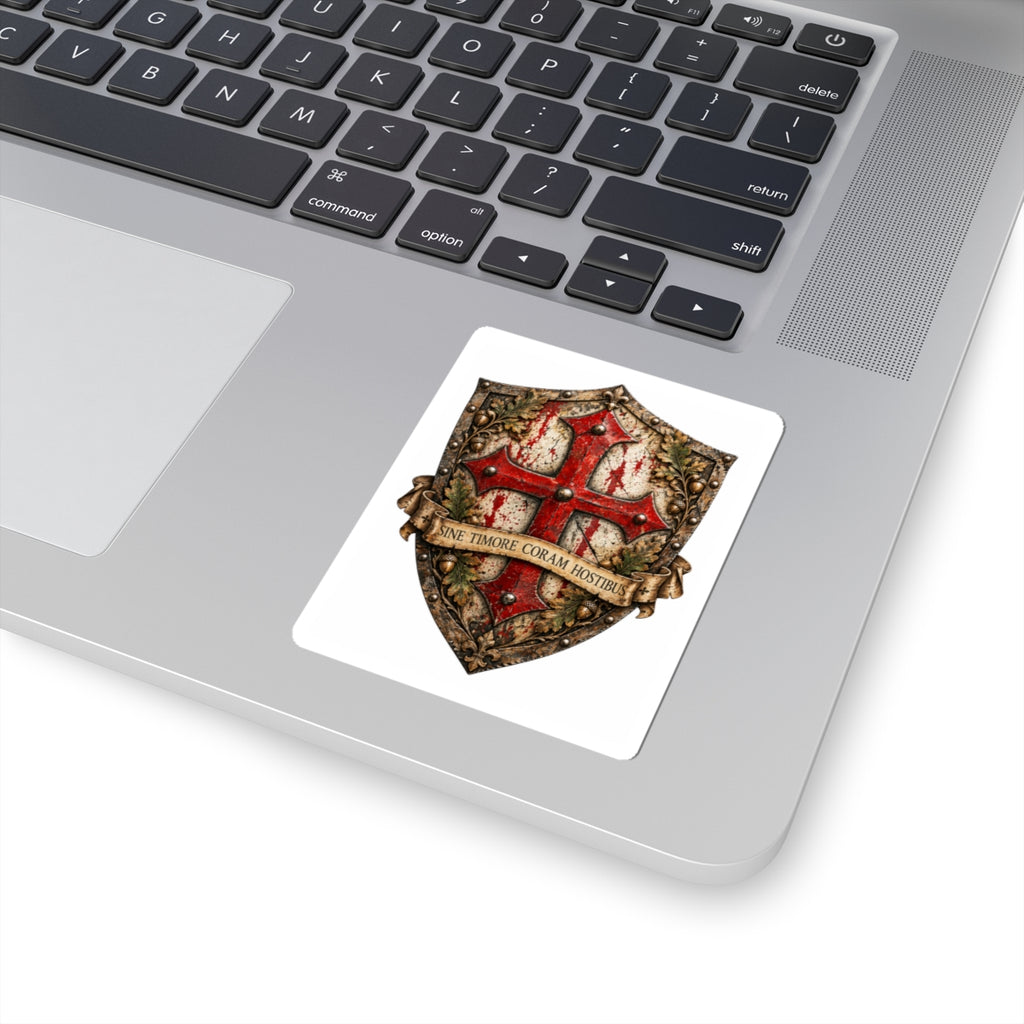 Medieval Shield Crest Sticker — 'Sine Timore Coram Hostibus' Kiss-Cut