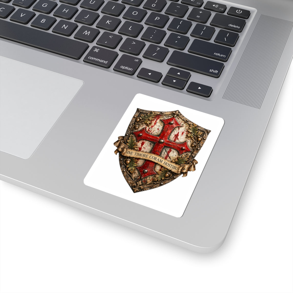 Medieval Shield Crest Sticker — 'Sine Timore Coram Hostibus' Kiss-Cut