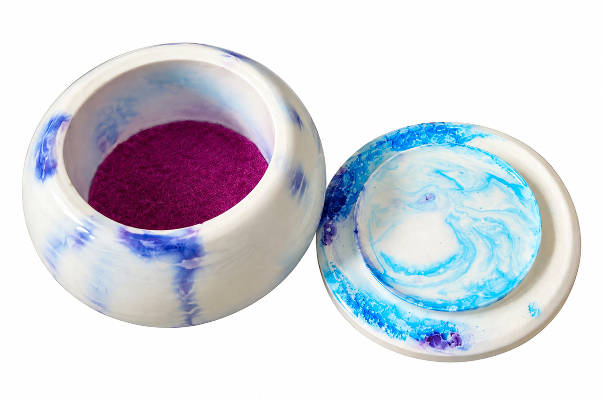 Trinket box, lotus bowl and tea light candle holder marbled white, blue,purple