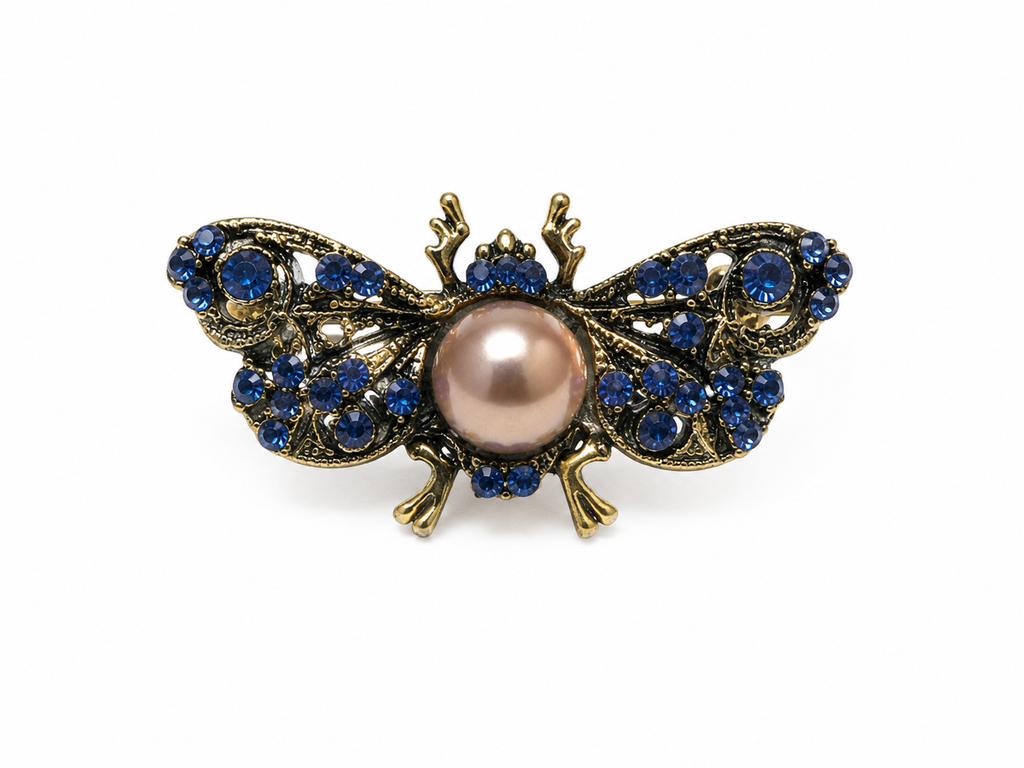 Moth antique style brooch with blue crystals