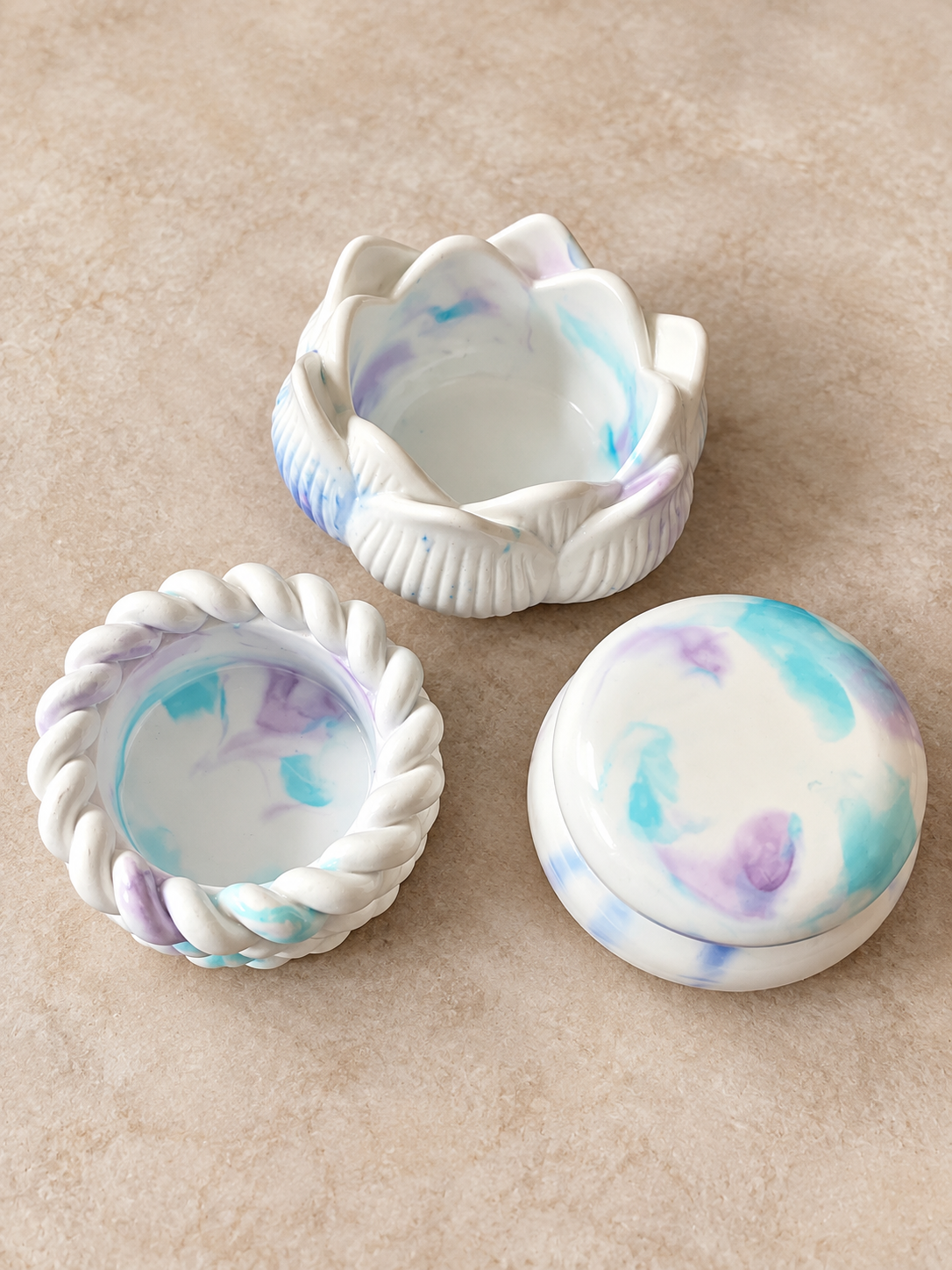 Trinket box, lotus bowl and tea light candle holder marbled white, blue,purple
