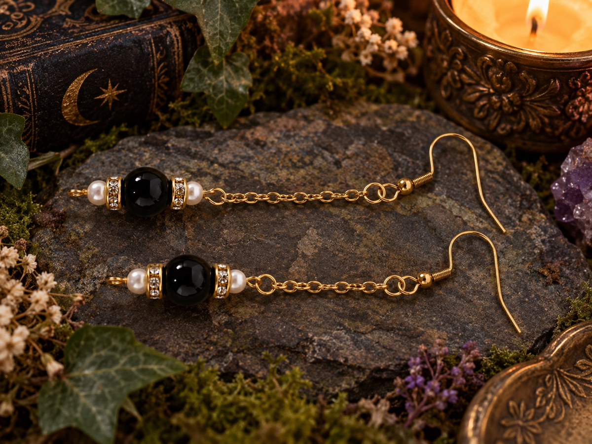 Black Earrings with white faux pearls