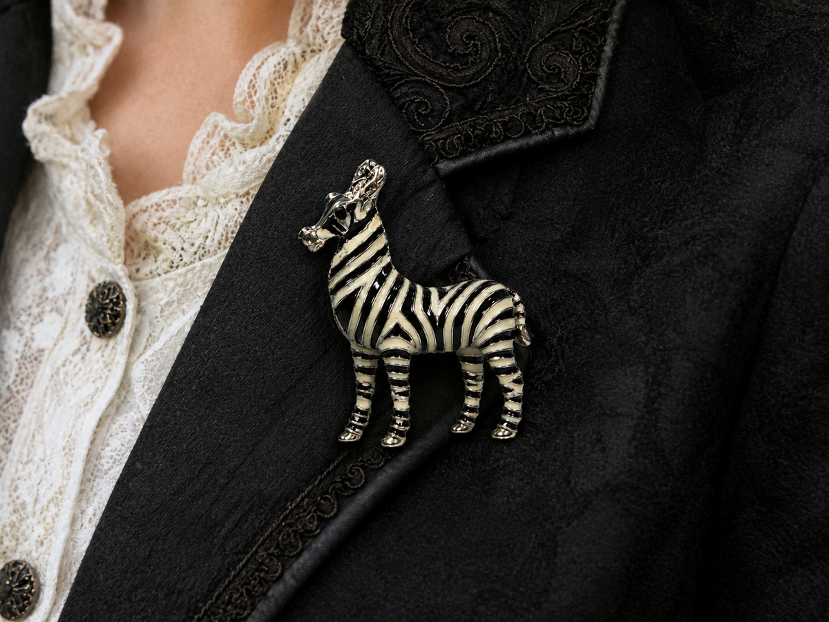Enamel on metal Zebra Brooch