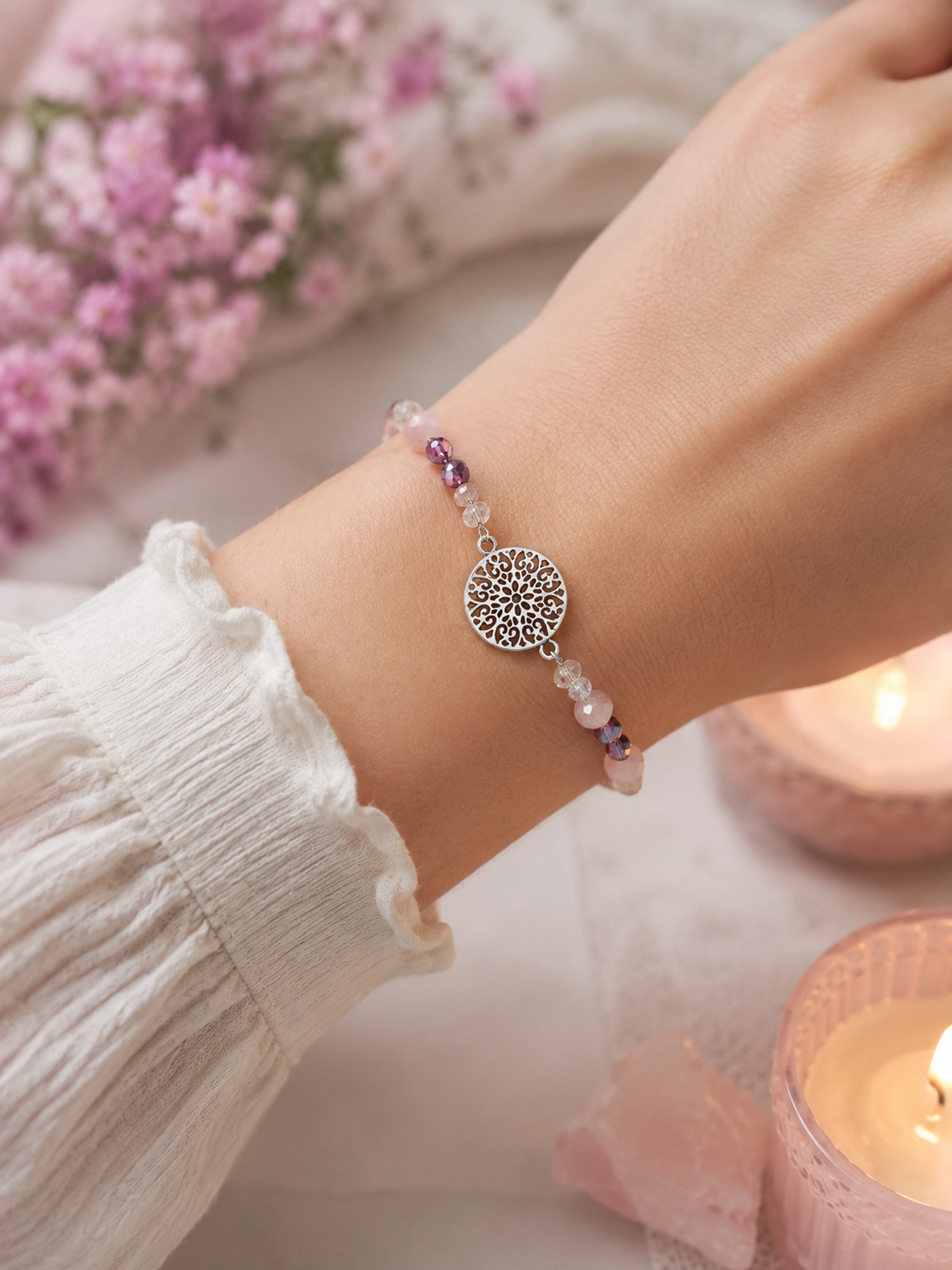 Silver tone Mandala Bracelet, Pink pearls and Plumb crystals fits up to 7.75cm wrist