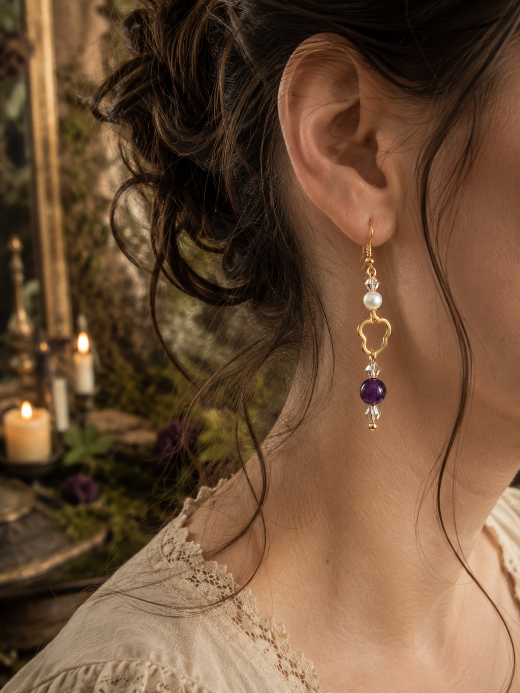 Amethyst and heart chain drop earrings. Gold tone