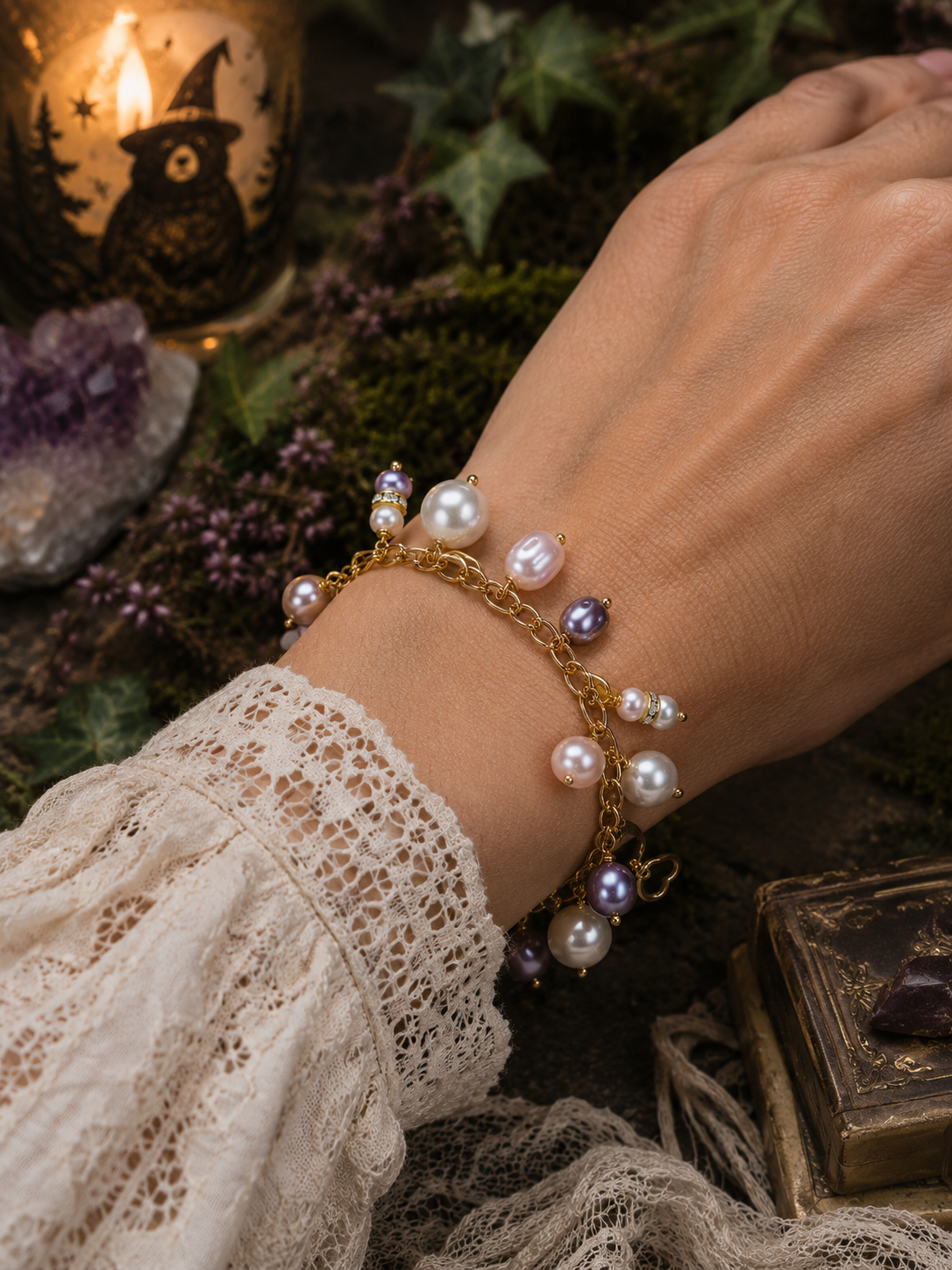 Mixed pearl style charm bracelet, white, lilac gold tone hearts