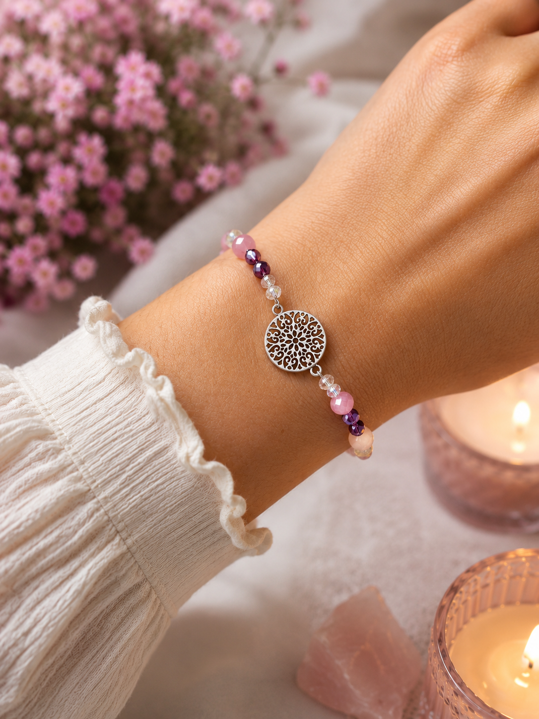 Silver tone Mandala Bracelet, Pink pearls and Plumb crystals fits up to 7.75cm wrist