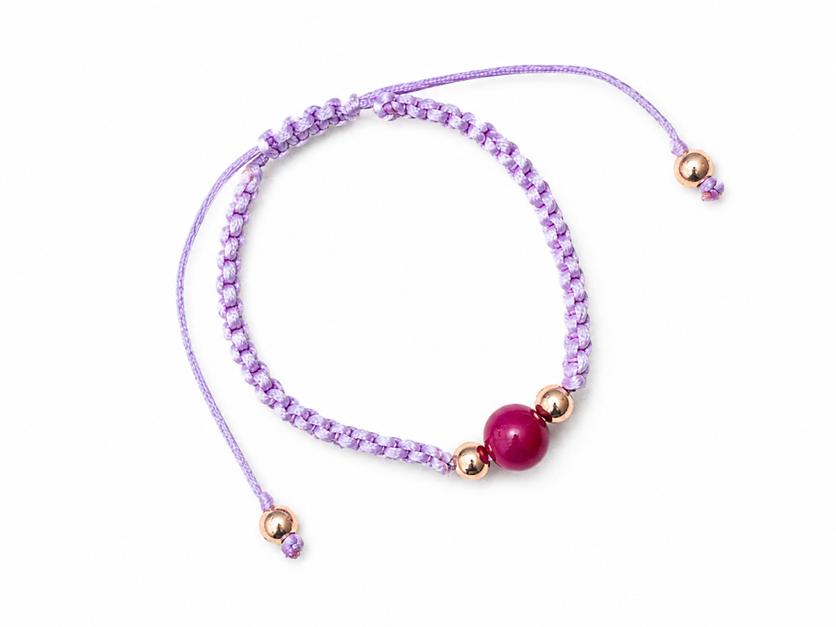 Purple macrame bracelet with gold beads and large Pink Agate bead