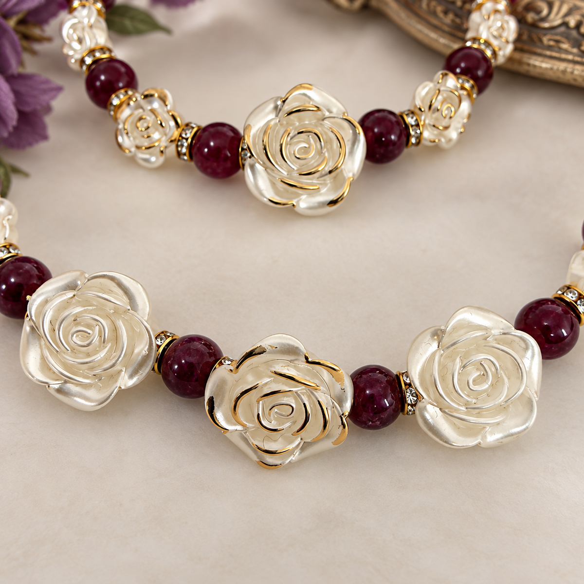 Rose, plum agate jewellery set