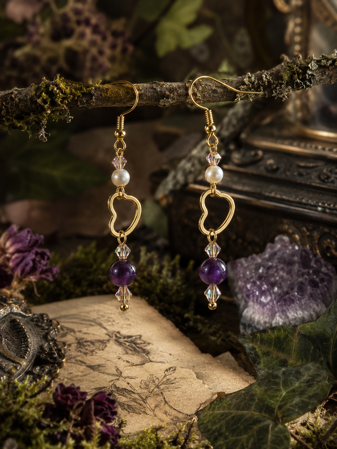 Drop Amethyst earring, pearls, gold tone chain, open heart