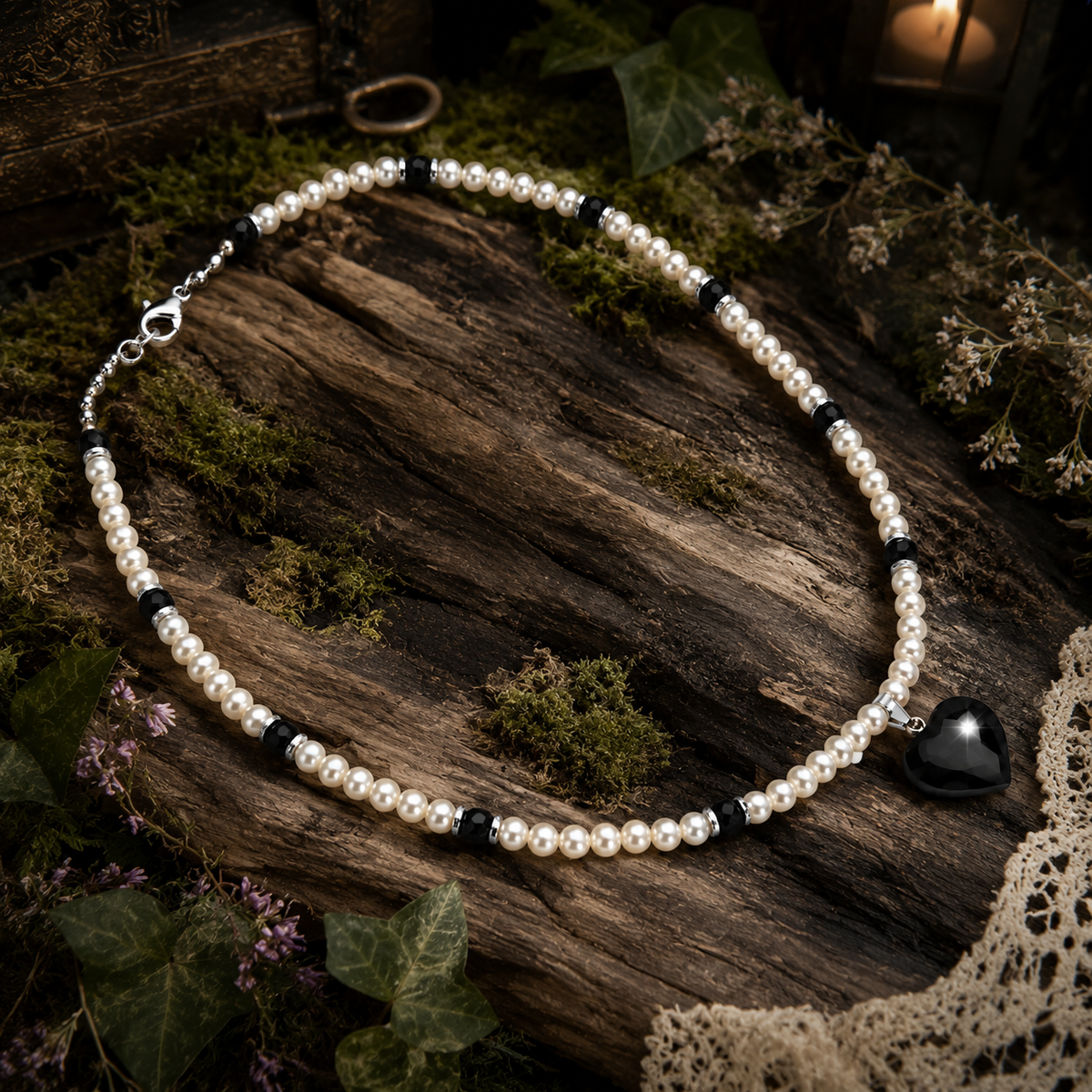 Heart necklace, black agate, crystal wheels, faux white pearls