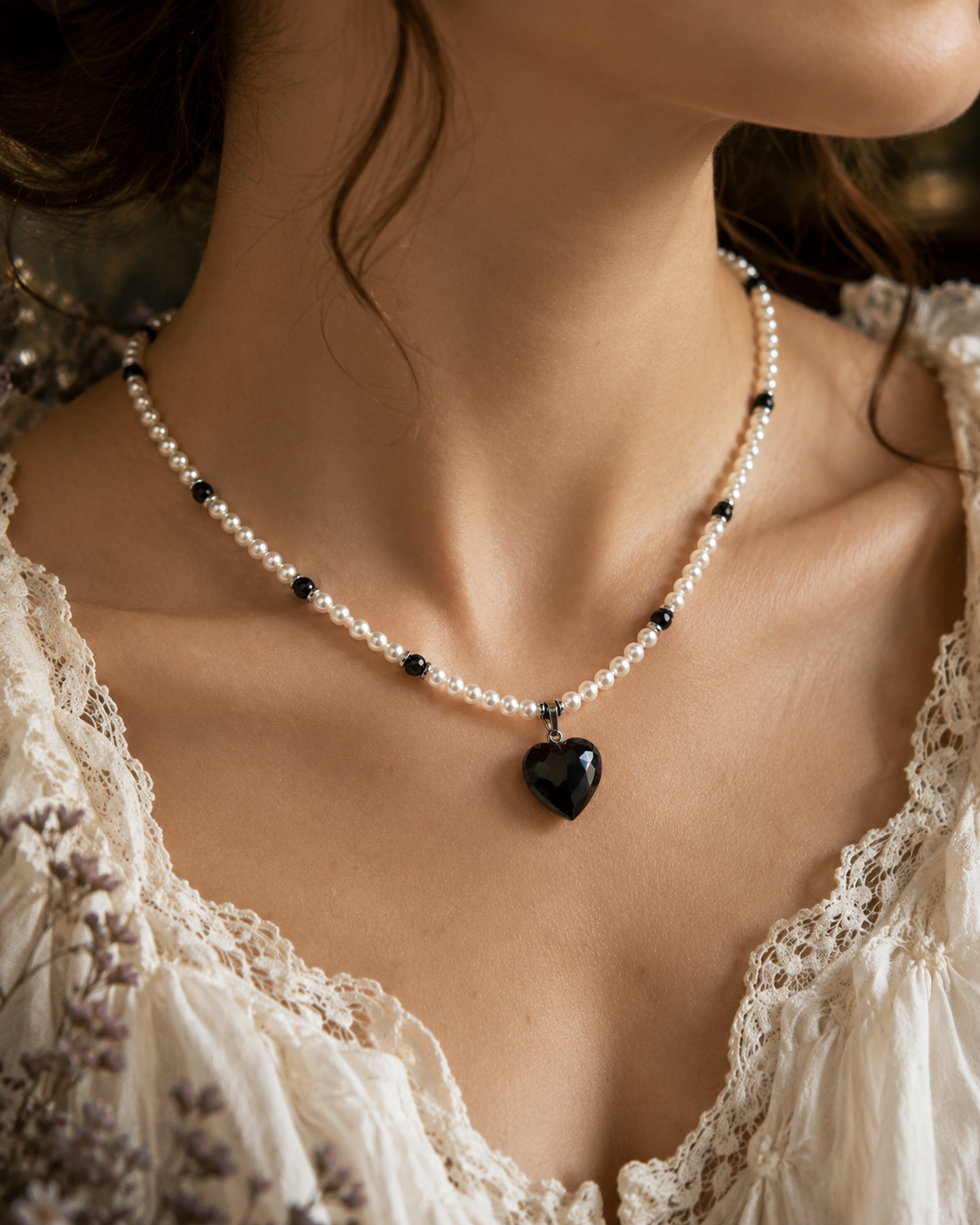 Heart necklace, black agate, crystal wheels, faux white pearls
