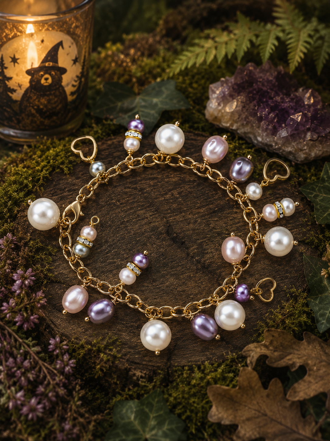 Mixed pearl style charm bracelet, white, lilac gold tone hearts