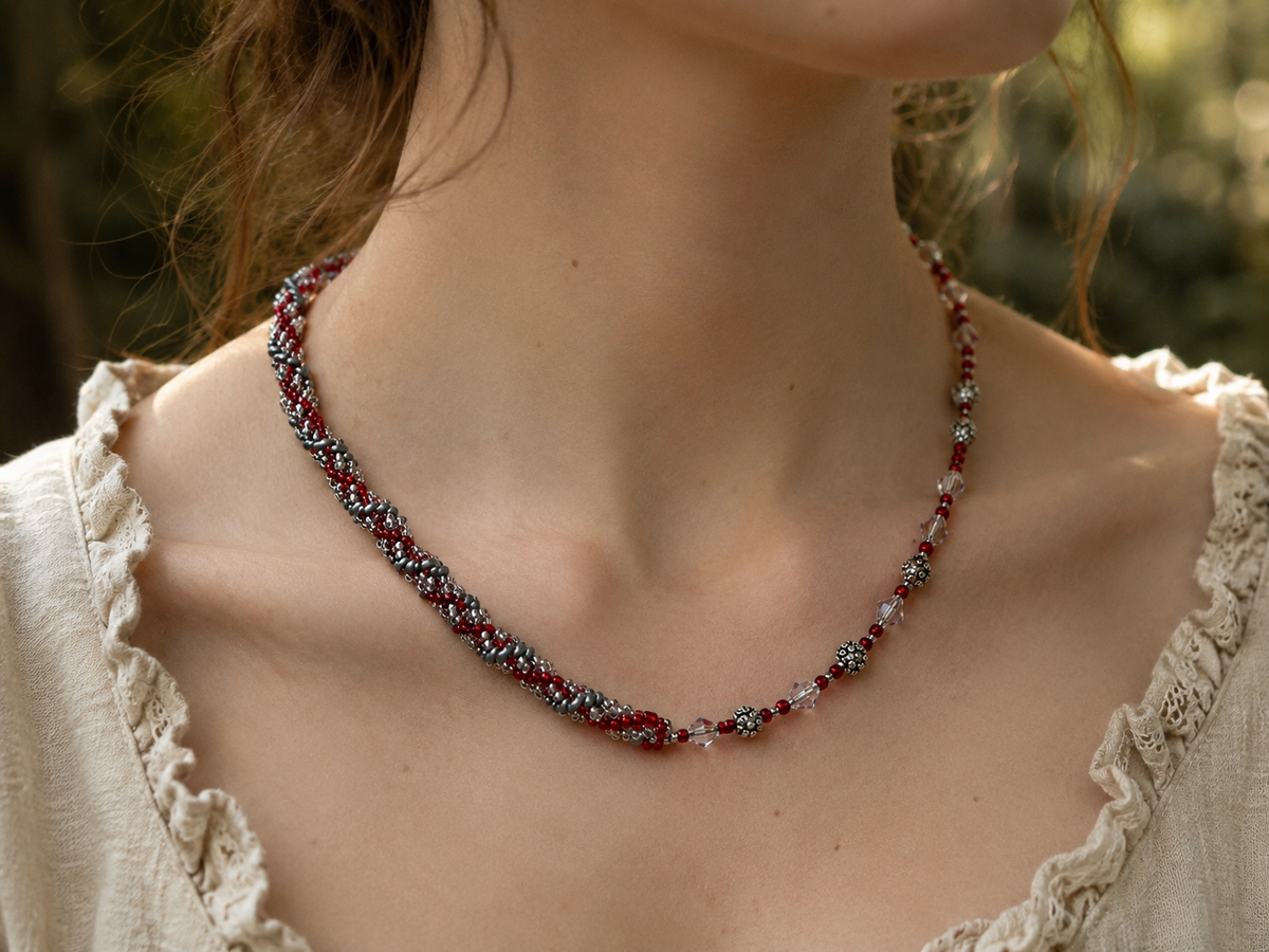 Beaded silver grey and deep red hand beaded necklace