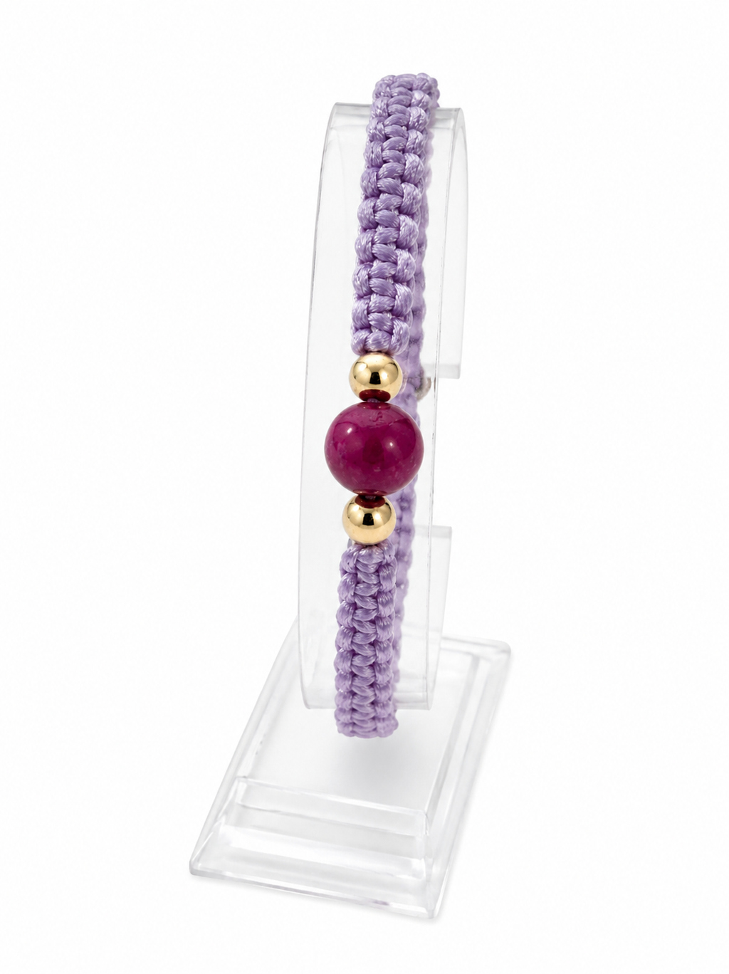 Purple macrame bracelet with gold beads and large Pink Agate bead