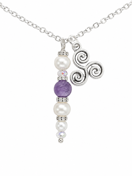 Amethyst pearl with  tresillian charm on silver tone chain