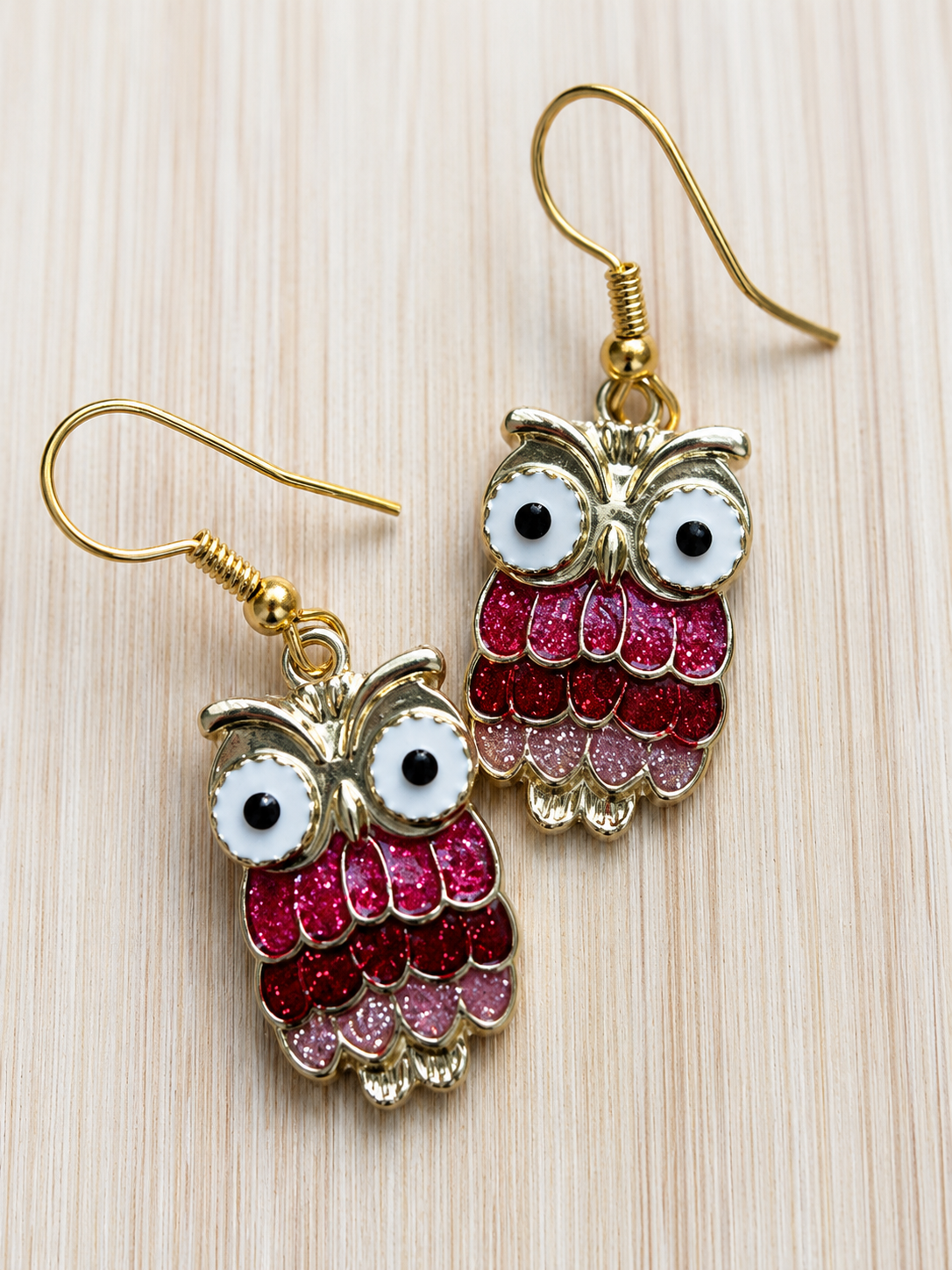 Pink and golden owl earrings