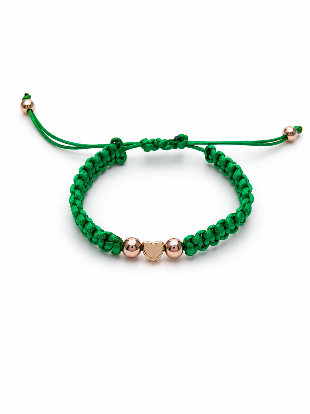 Green macrame , heart and gold tone bracelet