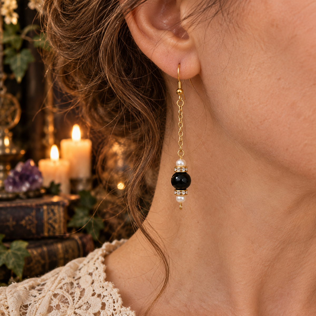 Black Earrings with white faux pearls